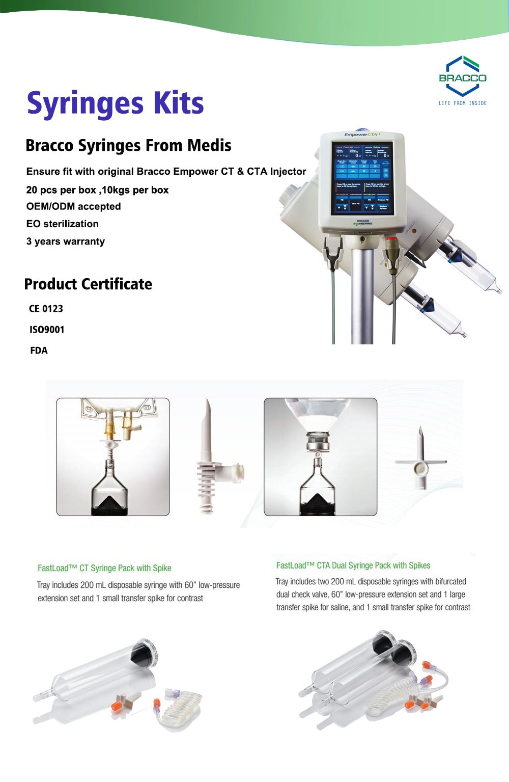 bracco ct contrast delivery system- bracco contrast injectors-ct injectors syringes-front load syringes- prefilled syringes