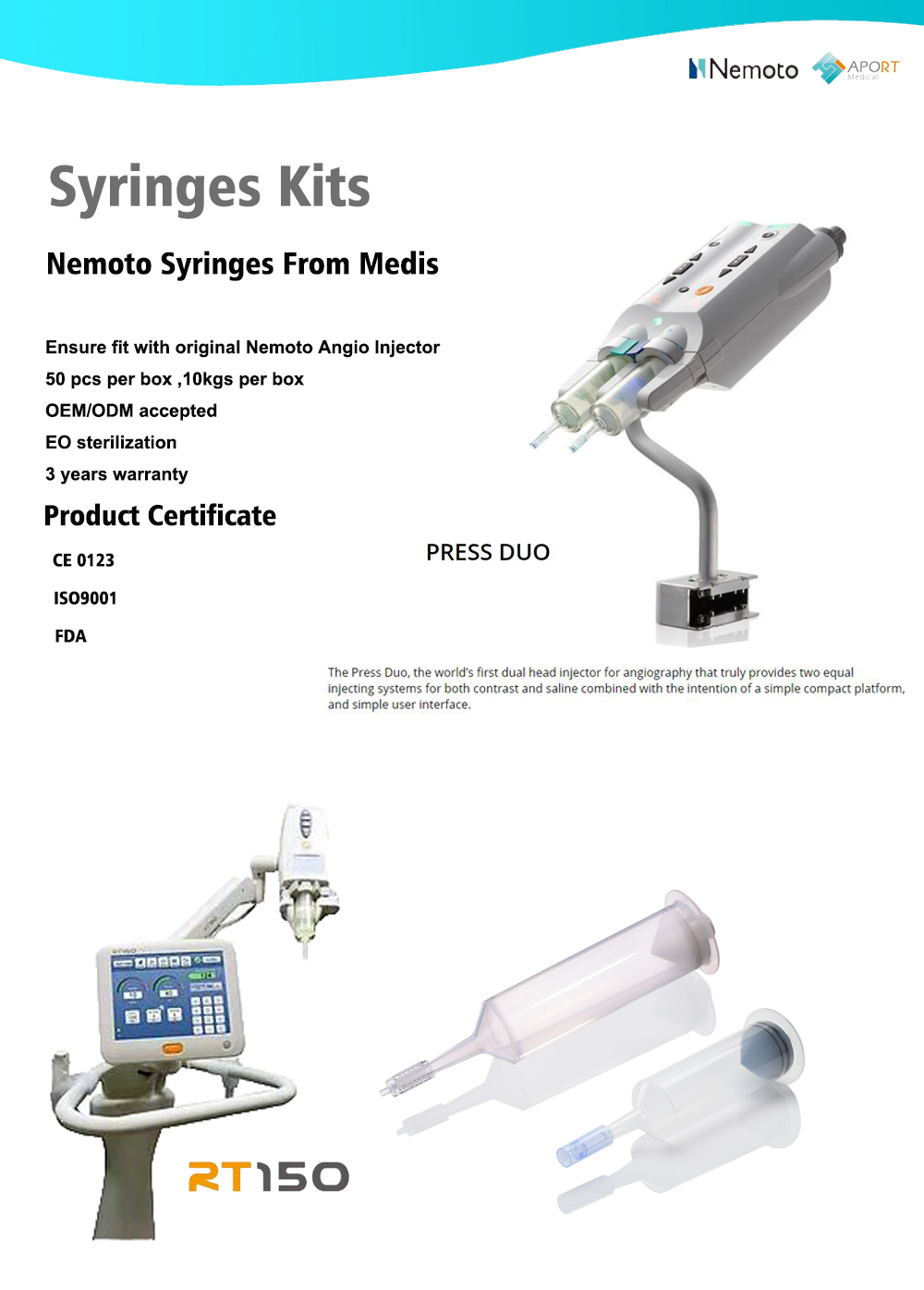 C855-5150 150ml Nemoto Press Duo & Press Pro & Rempress Angio Contrast Power Injector الحقن