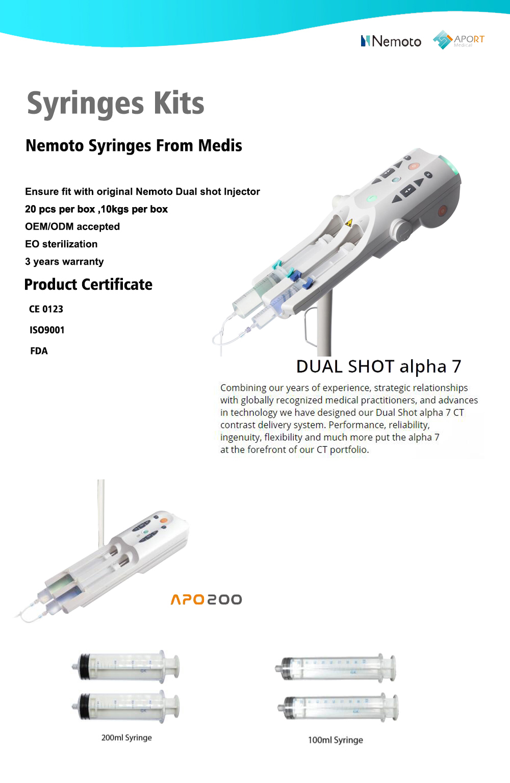 Nemoto Dual Shot 100ml / 100ml CT حقن التباين الآلي المحاقن لتصوير الأوعية الدموية
